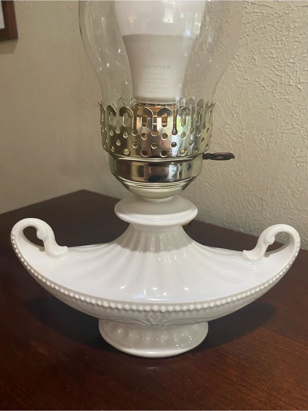 Vintage, Milk Glass Electric Hurricane Lamp, Wide Handled Base and Glass Chimney